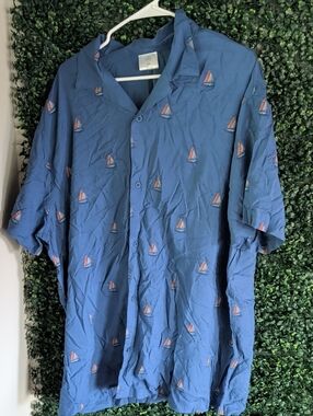 Well Worn Blue Short-Sleeve Button-Up Shirt with Sailboat Motif